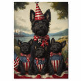 Mother Scottish Terrier with Three Puppies in Patriotic Outfits Wearing American Flag Hats and Red Star Bow Ties in Flower Field on Ready to Hang 1.5" Thick Canvas Wrap, Floating Framed Canvas, Flat Rolled Canvas